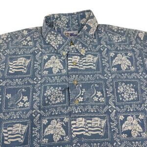 Reyn Spooner Mens Large Blue Floral Flag Short Sleeve 1/4 Button Up Shirt